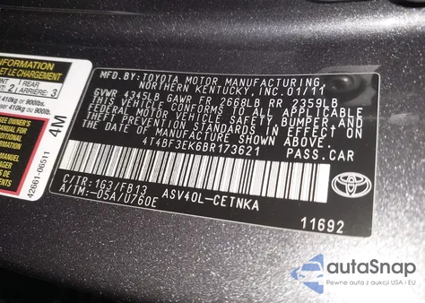2011 Toyota Camry Le from USA, damaged, VIN 4T4BF3EK6BR173621